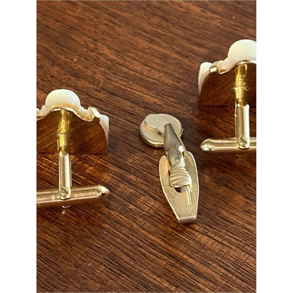 Vintage Swank Mother of Pearl /Onyx laughing Buddha cufflinks and tie tack set.
